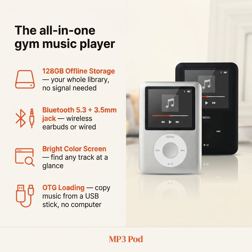 MP3 Pod feature overview: 128GB offline storage, Bluetooth 5.3 and 3.5mm jack, bright color screen, OTG loading